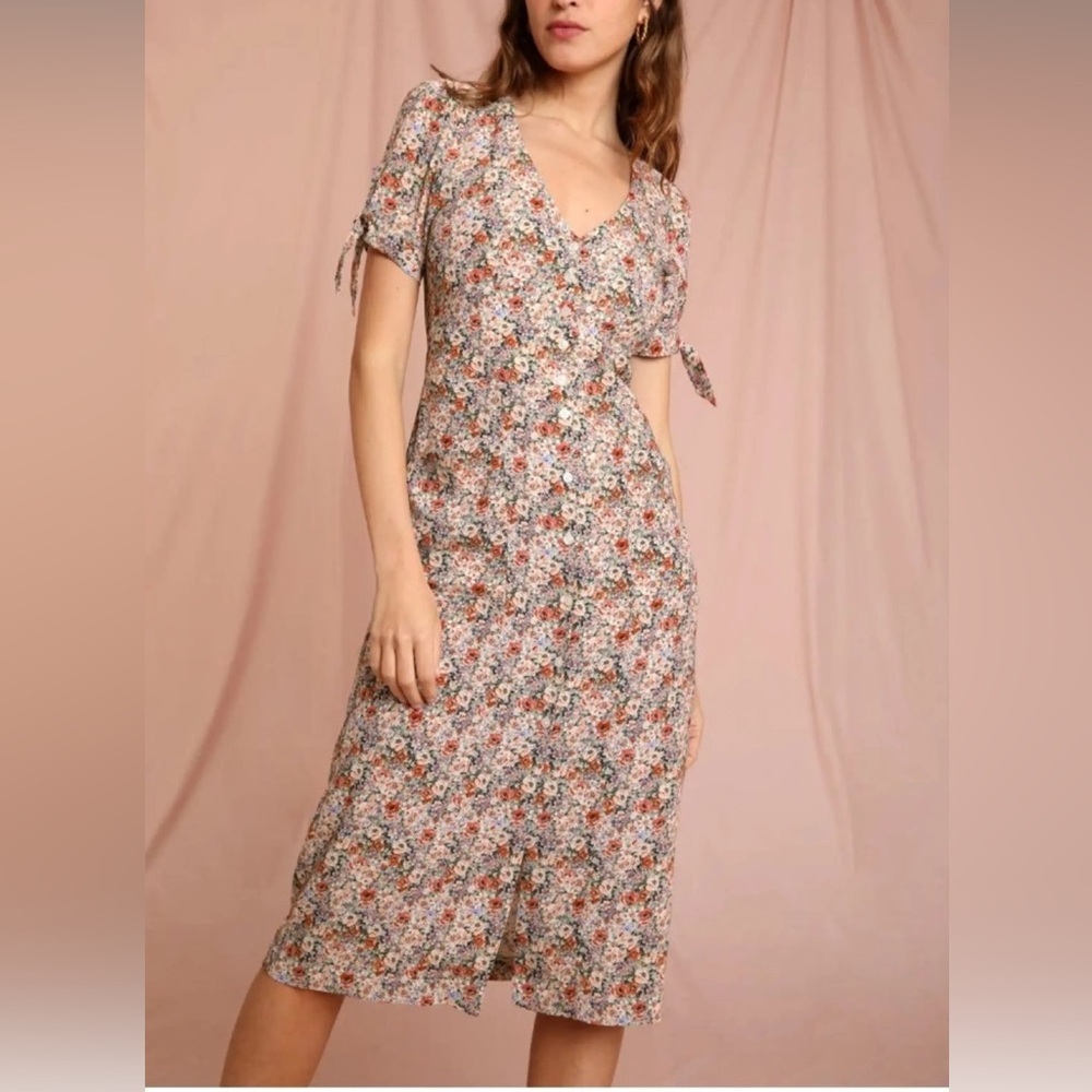 Rouje Leina tie-sleeve Floral Button-Front Midi Dress size  36**READ**